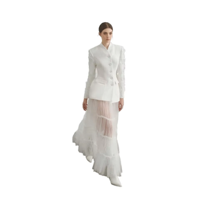 Blazer a medida con mangas de plumas, conjunto de falda Maxi en capas de tul, silueta recta elegante, piel monocromática de lujo cómoda de otoño - Product Image 1