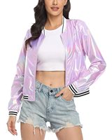 Blouson Bomber court brillant femme discothèque, veste brillante femme décontracté col montant fermeture éclair