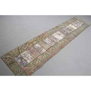 Alfombra Vintage de 2x9 pies, Alfombra Turca de Lana con Camuflaje Verde - Product Image 4