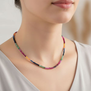 Collier de mariage vintage en argent sterling plaqué or 18 carats fait à la main avec des perles rondes facettées en saphir naturel multicolores - Product Image 5