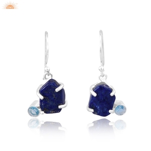 ขายส่งสีฟ้า topaz และหินลาพิสพลอยดิบแฮนด์เมดห้อยต่างหูหูฟังต่างหูเงินแท้ 925 เครื่องประดับแฮนด์เมด - Product Image 1