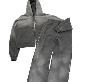 Custom Sweat Stack Pant Track Suits Acid Wash Tracksuits Rhinestone <b>Zip</b> <b>up</b> <b>Hoodie</b> and Flare Sweatpants Sweat suit Set for Men - Product Image 1