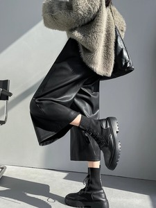 Vintage Calf-Length PU Leather <b>Pants</b> for <b>Women</b> 2024 Autumn Winter New Casual Elastic High Wide Leg Pocket <b>Pants</b> <b>Black</b> Canvas - Product Image 4