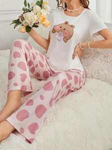 Quantité minimale de commande bas grande taille grande taille femmes col rond manches courtes haut et pantalon long ensemble de pyjama confortable - Product Image 6