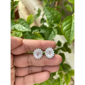 925 Silver Rose Quartz <b>Stud</b> <b>Earrings</b> with Gold Plating Cute Flower Shape for Wedding Engagement or Anniversary - Product Image 2
