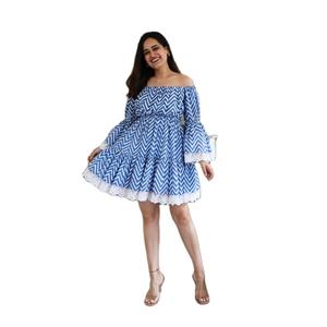 Robe courte bohème faite à la main à manches longues en coton imprimé d'été à épaules dénudées pour femmes - Product Image 1