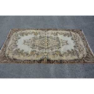 Alfombra turca vintage de gran superficie de 3,4x7 pies, clásica, de lana beige y marrón con respaldo de látex, patrón de retazos para dormitorio, pasillo, cabecera - Product Image 4