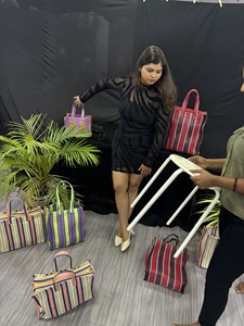 Plastic RPET Eco-Friendly Reusable Zipper Nylon Shopping <b>Bag</b> Striped Handloom Woven Recycled Plastic <b>Beach</b> <b>Bags</b> Made in India - Product Image 3