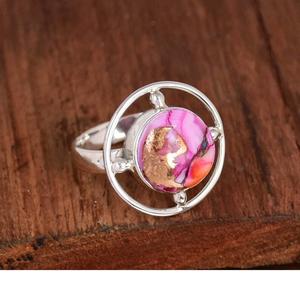 Anillo redondo de turquesa de ostra rosa en plata 925 disco abierto regalo de joyería Bohemia para mujer - Product Image 3