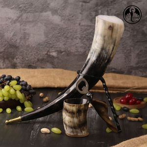 Authentic Inspired Medieval Viking Ceramic Drinking Horn Ankard for Beer Wine at <b>Christmas</b> Party with Stand - Product Image 1
