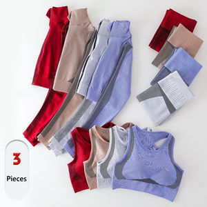 3 uds. Camiseta deportiva transpirable sin costuras para mujer, traje de Yoga, Top corto deportivo, mallas de cintura alta de manga larga, conjunto de entrenamiento para gimnasio 2024 - Product Image 4