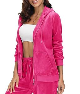 Wholesale OEM <b>Women's</b> Customized Color Spandex Cotton Velvet Zipper Hoody Velour Hooded Winter Wear <b>Pink</b> Color Zipp up <b>Hoodies</b> - Product Image 3