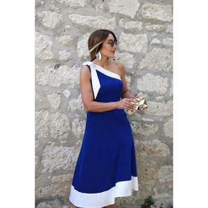 Robe asymétrique pour femme avec détail ruban, robe en crêpe importée bicolore, 34440 - Bleu Saks - Product Image 3