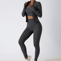 OEM & ODM Setelan Yoga Wanita 2 Potong dengan Ritsleting Penuh, Slim Fit, Lengan Panjang, Warna Nude, Polos, Bernapas, Ramah Lingkungan