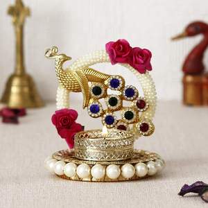 Porte-bougie chauffe-plat en métal motif paon floral pour Diwali, Navratri, Ganesh Chaturthi, décoration intérieure - Product Image 6