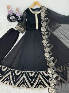 Tenue de fête de mariage lourd concepteur fausse georgette lourde chine séquence point travail haut et palazzo avec coupe travail Dupatta - Product Image 3