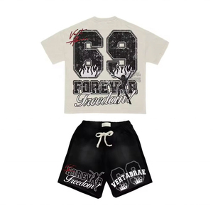 Ensemble de t-shirts streetwear pour hommes VERTABRAE, t-shirt à manches courtes en coton imprimé à col rond avec short noir, tenue décontractée d'été - Product Image 2