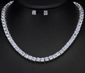 Collier tennis en diamant de laboratoire de taille princesse 8ct 18 pouces avec 1ct boucles d'oreilles en diamant de laboratoire serties en or 14 carats bijoux fins - Product Image 1