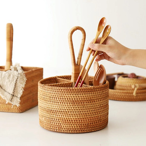 Handwoven Round Rattan Utensil Caddy <b>Basket</b> - Natural Flatware & <b>Kitchen</b> Utensil Holder - Made in Vietnam - Product Image 3