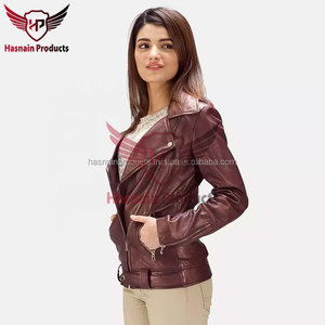 Womens Real Maroon <b>Leather</b> Biker <b>Jacket</b> Asymmetric Zip Lapel Collar Sheepskin Coat Zipper Pockets Slim Fit Custom Outwear Look - Product Image 4