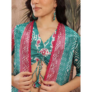 Conjunto de Dos Piezas para Mujer, Top Verde Satinado Estampado con Mangas Tres Cuartos y Cuello con Lazo, Estilo Club, para Primavera/Verano - Product Image 6