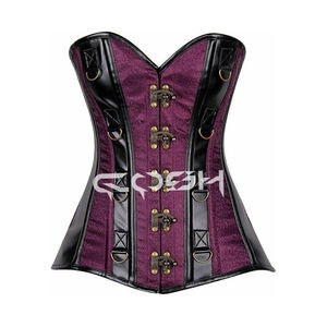 Corset violet en brocart victorien à lacets avec garniture en cuir, fermoirs anciens et anneaux en D - Product Image 1