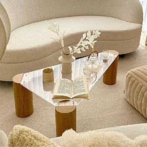 Muebles de sala de estar de diseño moderno, mesa de té central con patas de madera de nogal de vidrio templado de forma irregular para el hogar - Product Image 1