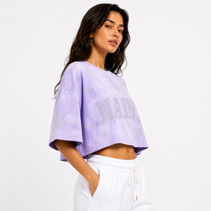 Camisetas personalizadas OEM para mujer con logo, 100% algodón, de alto gramaje, con pedrería, diseño personalizado, corte holgado - Product Image 4