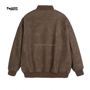 Wholesale 2025 Solid Design High Street Brown Leather Motorcycle Jacket Front Logo Windproof Soft Stand Collar Men's - Product Image 2