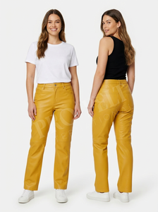 Pantalons en cuir de veau pour femmes, nouvelle collection 2026, taille basse, détails de sangles, plaque de logo en cristal, jambe droite, pantalon en cuir à panneaux - Product Image 3