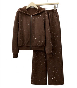 Women Winter Breathable 2-Piece Rhinestone Tracksuit Set Drawstring Hoodie and <b>Wide</b> <b>Leg</b> <b>Pants</b> Casual <b>Lounge</b> Outfit - Product Image 5