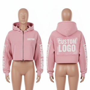 Sudadera Corta con Capucha para Mujer, Diseño Moderno, 100% Algodón, Hombros Caídos, Cierre de Cremallera y Bordado - Product Image 1