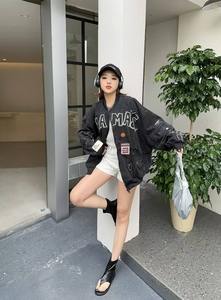 Women's Gothic Stylish Embroidery Baseball Jacket Customizable <b>Light</b> Wash Denim Outwear with Loose Fit for Winter - Product Image 4