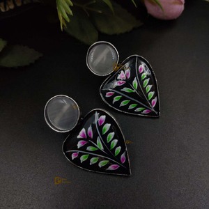 Silver Replica Earring Sliver <b>Oxidized</b> Hand Painted Earrings With Monalisa Stone Girls Wear Casual Party Wear and Gifted - Product Image 5