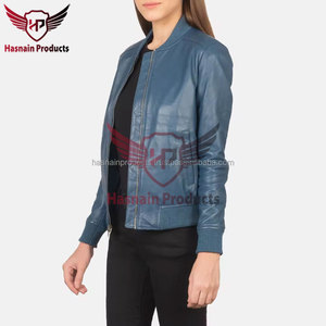 Blouson Bomber en Cuir Véritable Bleu pour Femme, Col en Tricot Côtelé, Fermeture Éclair Avant, Coupe Ajustée, Manteau Personnalisé Chaud d'Hiver, Vêtement d'Extérieur pour Dames - Product Image 2