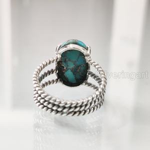 Anillo de Plata de Ley 925 para Mujer con Turquesa Azul Natural, Gema de Nacimiento de Diciembre, Diseño Bohemio de 3 Bandas Trenzadas - Product Image 3