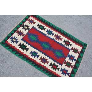 Tapis Kilim turc vintage de 2,4x3,5 pieds, rouge, vert, classique, tissage plat, tapis en jute motif patchwork laine latex pour adolescents - Product Image 4