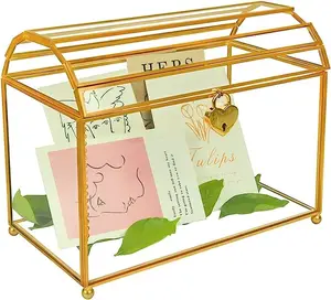 Золотая стеклянная коробка для свадебных открыток, большая коробка для свадебных открыток, Золотая латунь ручной работы, винтажная форма дома с крышкой, коробка дисплея