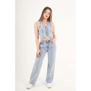 Conjunto de chaleco vaquero retro urbano LUSTRIN para mujer y pantalones de cintura alta a juego - Atuendo de dos piezas de algodón al por mayor para la calle - Product Image 1