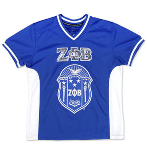 Camiseta de Fútbol ZPB Negra y Azul Rey 100% Poliéster Camiseta Zeta Phi Beta con Logotipos y Escudo Bordados Cuello en V - Product Image 1