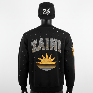 Premium 330 GSM Cotton Polyester Sun Fade <b>Sweatshirt</b> <b>Black</b> with Flame Sleeves Rhinestone Logo Custom Design Basics <b>Sweatshirts</b> - Product Image 5