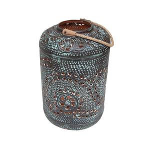 Lanterne de jardin en métal antique de style marocain, porte-bougie suspendu d'extérieur, lanterne votive rustique avec patine verdigris et poignée en corde - Product Image 1