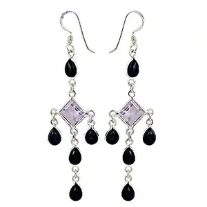 925 Silver <b>Drop</b> <b>Earrings</b> with Amethyst & Black Onyx for Women <b>Fashion</b> Accessory - Product Image 1