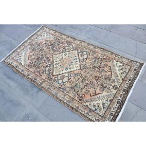 3x5.5 ft Vintage Rug, Turkish Accent Rug, <b>Brown</b> Blue Moroccan <b>Wool</b> Rug - Product Image 2