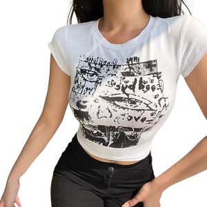 Precio barato Crop Top camisa de mujer Sexy estampado verano Crop Top, mujeres de manga corta gráfico recortado camisetas para mujeres - Product Image 4