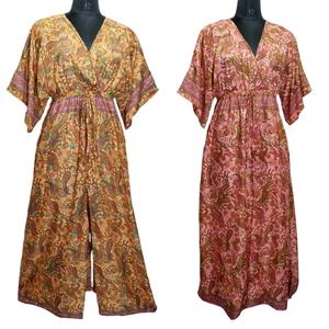 Vestido bohemio con estampado de encaje hasta el suelo de Sari de seda Vintage para mujer en varios colores - Product Image 1