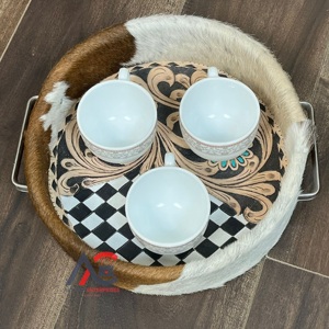 Plateau de présentation en cuir floral grand format à motif à carreaux, fait main, plateau de service moderne de luxe pour hôtel, organisateur de bureau, plateau décoratif - Product Image 1