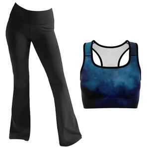 Ensemble de sport pour femme : Soutien-gorge court dos nageur uni et Legging de yoga évasé long en Spandex/Nylon, taille haute, taille élastique, respirant - Product Image 1