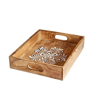 Plateau de service rectangulaire en bois de manguier fait à la main avec poignées, finition blanchie, plateau de table décoratif pour la maison et l'hôtellerie - Product Image 3