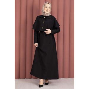 Minimalist Black <b>Cape</b> Detail Woolen Dress with Lace-Up for Daily Wear - Product Image 5